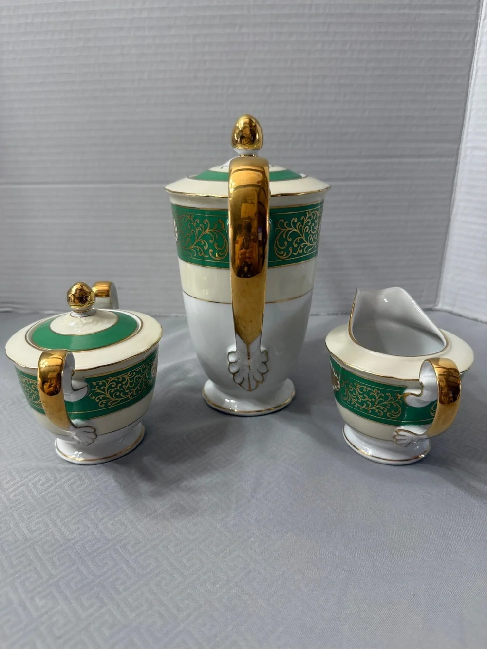 Vintage Albion China Porcelain Coffee/Tea 3 Pc Service Emerald Green Gold Japan